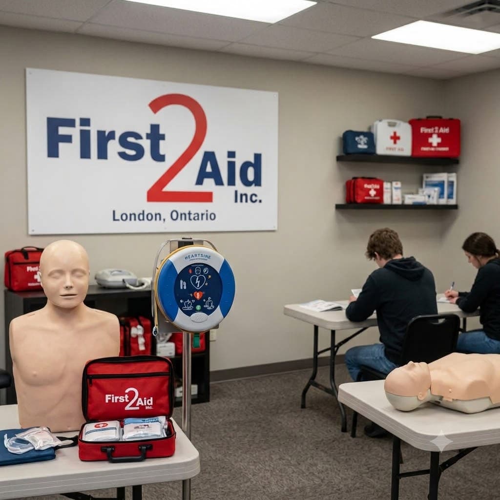 First 2 Aid Inc. training classroom in London, Ontario with CPR manikins, an AED, and students studying